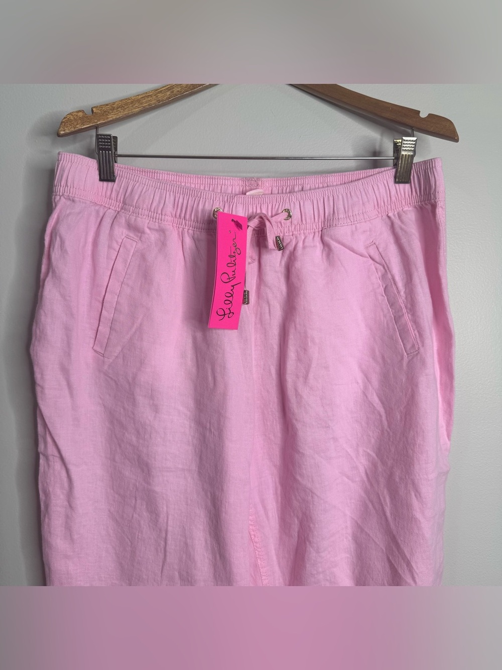 NWT Lilly Pulitzer Pink Taron 100% Linen Tapered Pull-on Pants Large Beach - Picture 3 of 10
